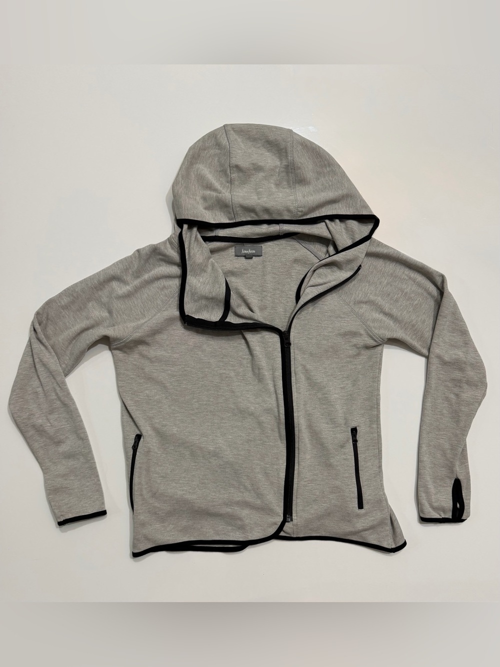 Neiman Marcus XS Gray Black Trim Full Zip Hoodie Jacket Thumbholes EUC